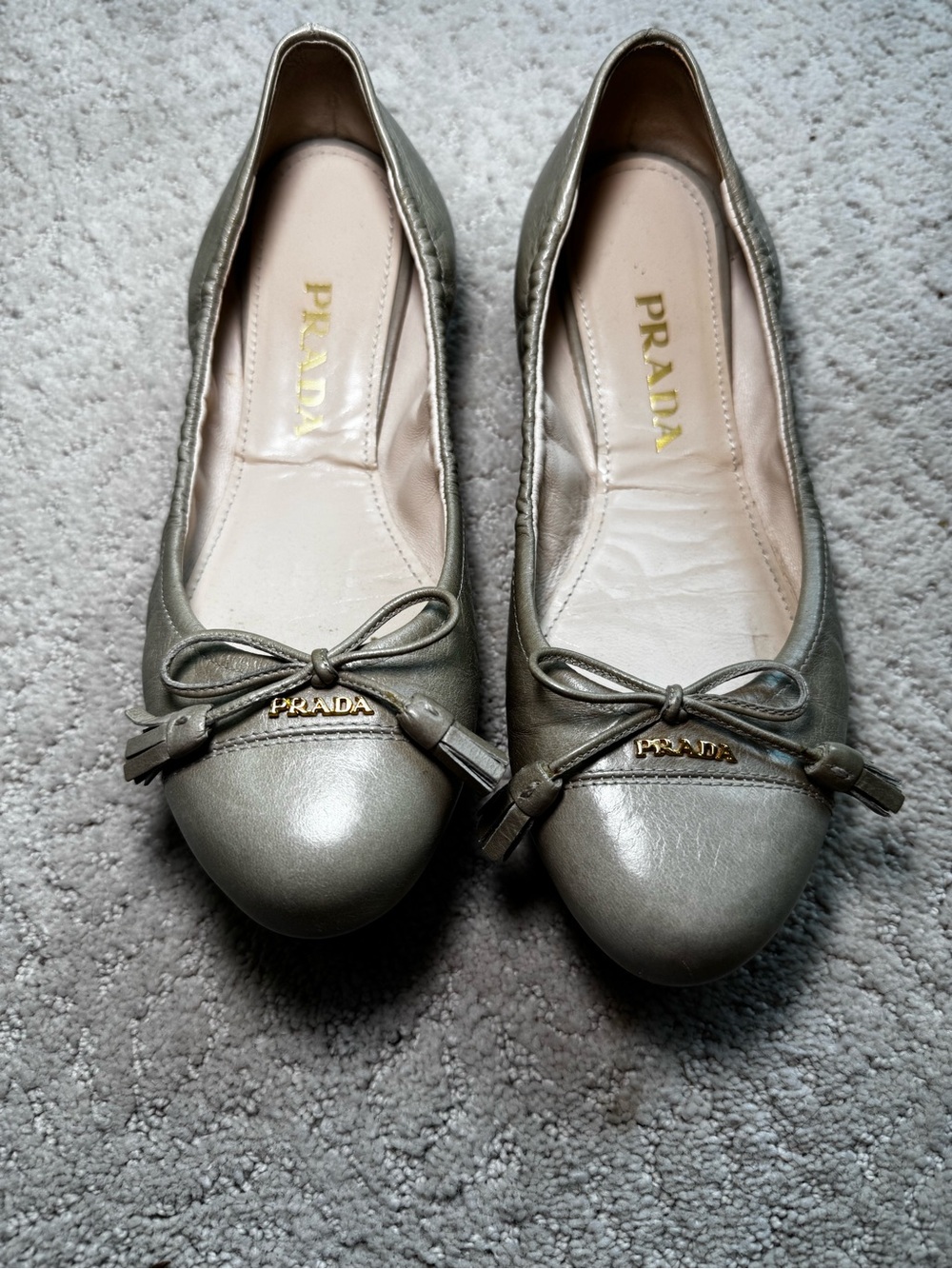 Prada Light Grey Leather Bow Ballet Flats with Gold Prada Logo